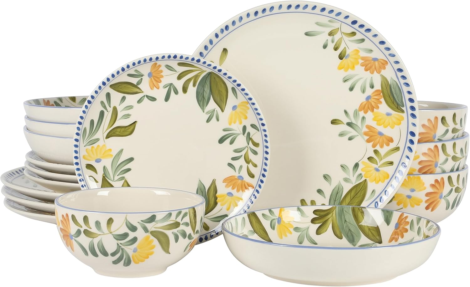 Double Bowl Hand Painted Stoneware Plates and Bowls Floral Dinnerware Set, Service for Four (16pcs)