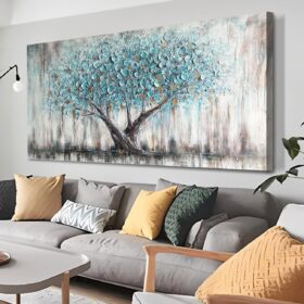 Arjun Tree Wall Art Teal Blue Nature Tree of Life Abstract Canvas Painting Textured Picture, Modern Large Panoramic Landscape Artwork Framed for Living Room Bedroom Bathroom Office Home Decor 40"x20"