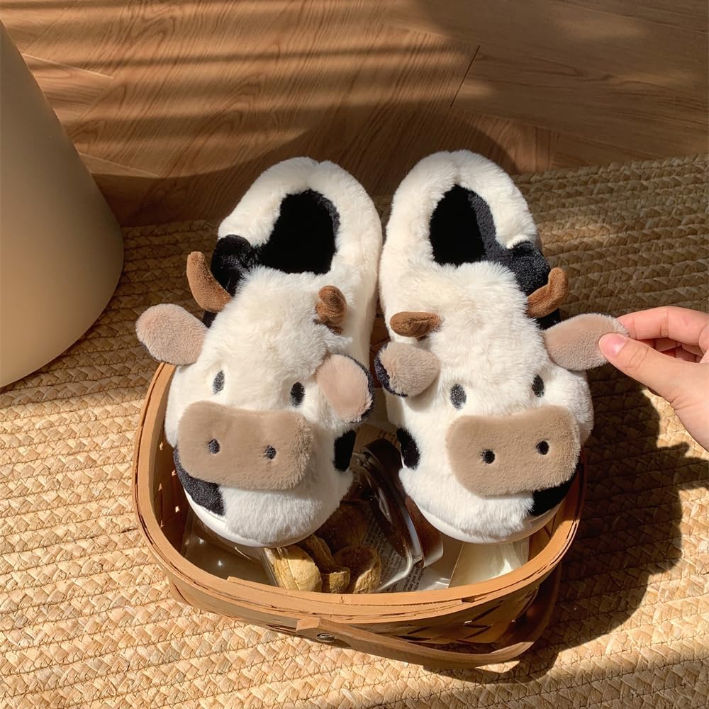 Slippers For Women,Cow Slippers,Womens Fuzzy Slippers,Cute Animal Cartoon Fluffy Plush House Slippers For Women Men Indoor - Image 2