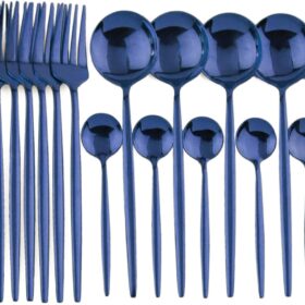 24-Piece Flatware Set, 18/0 Stainless Steel Knife Fork Spoon Teaspoon Silverware Set, Service for 6, MIrror Blue