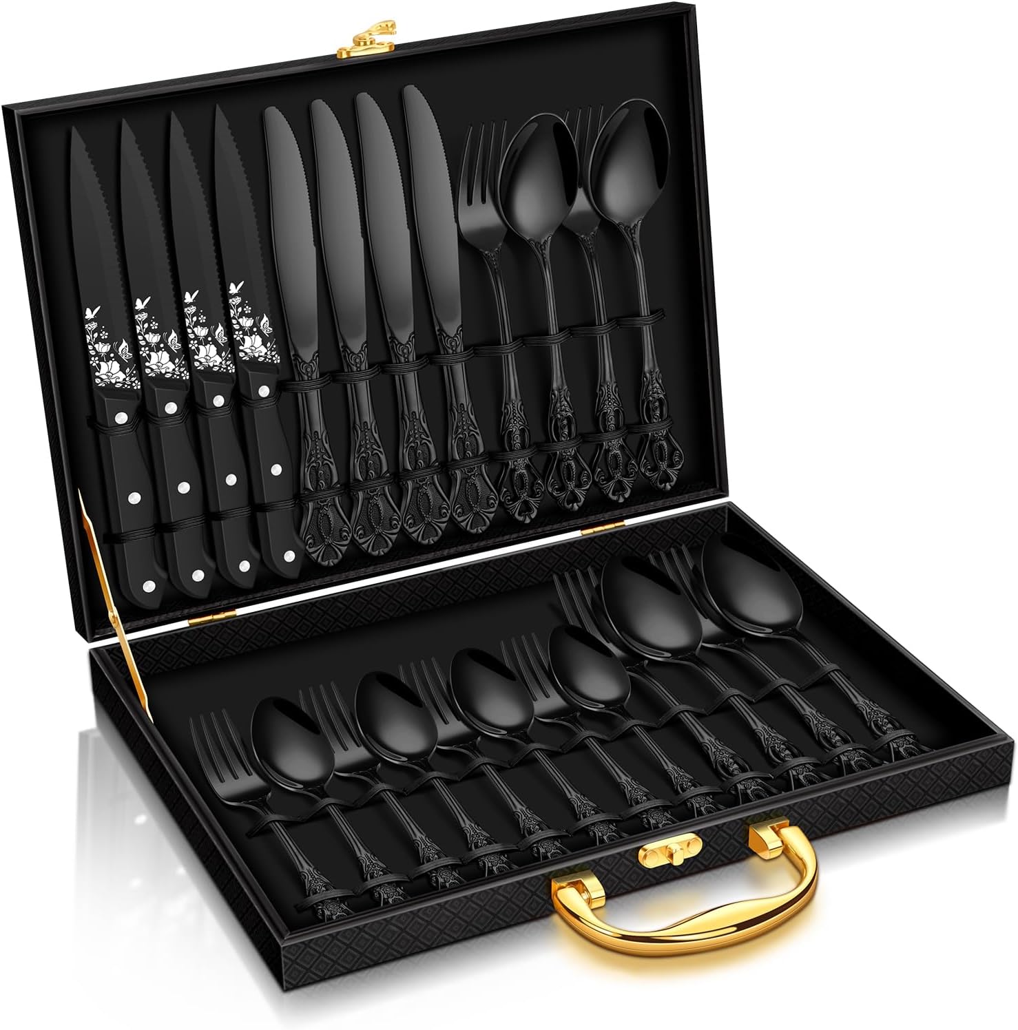 24 Pcs Black Silverware Set with Gift Box, Gorgeous Retro Royal Silverware Set for 4, Stainless Steel Mirror Flatware Cutlery Set for Home Party Wedding, Dishwasher Safe Utensils Set