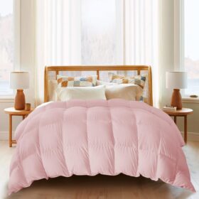 Lightweight Goose Feather Comforter Full/Queen Size, Summer Duvet Insert for Hot Sleepers/Warm Weather, Hotel Collection Comforter with 100% Cotton Cover (90x90 Inch, Pink)