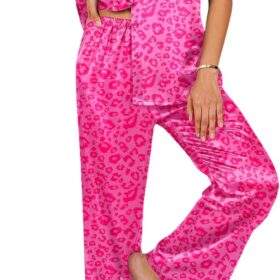 Silk Pajamas for Women Set 2 Piece Satin Pjs Soft Button Down Sleepwear Wide Leg Long Pants with Pockets