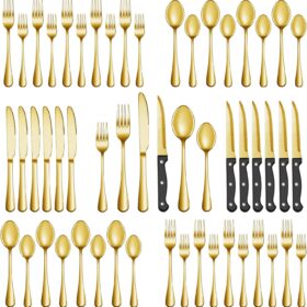 24 Pcs Gold Silverware Set with Steak Knives, Stainless Steel Flatware Cutlery Set Service for 4, Kitchen Tableware Set, Utensil Set for Home and Restaurant, Knives Forks Spoon Set, Dishwasher Safe
