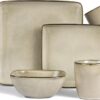 16 Piece Square Dinnerware Set for 4, Stoneware Plates and Bowls Dish Set, Includes Dinner Salad Plates, Cereal Bowls, Mugs, Microwave & Dishwasher Safe, Sandy Beige