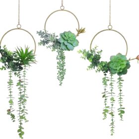 Artificial Succulents Wreath Set of 3 Hanging Gold Geometric Garland Greenery Wall Decor Backdrop