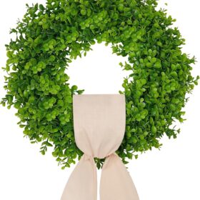 18inch Boxwood Wreath Outdoor Wreaths for Front Door Green Wreaths for Front Door Hanging with a Sash for Front Door Wall Hanging All Year Round Window Wall Indoor Outdoor Farmhouse Decoration