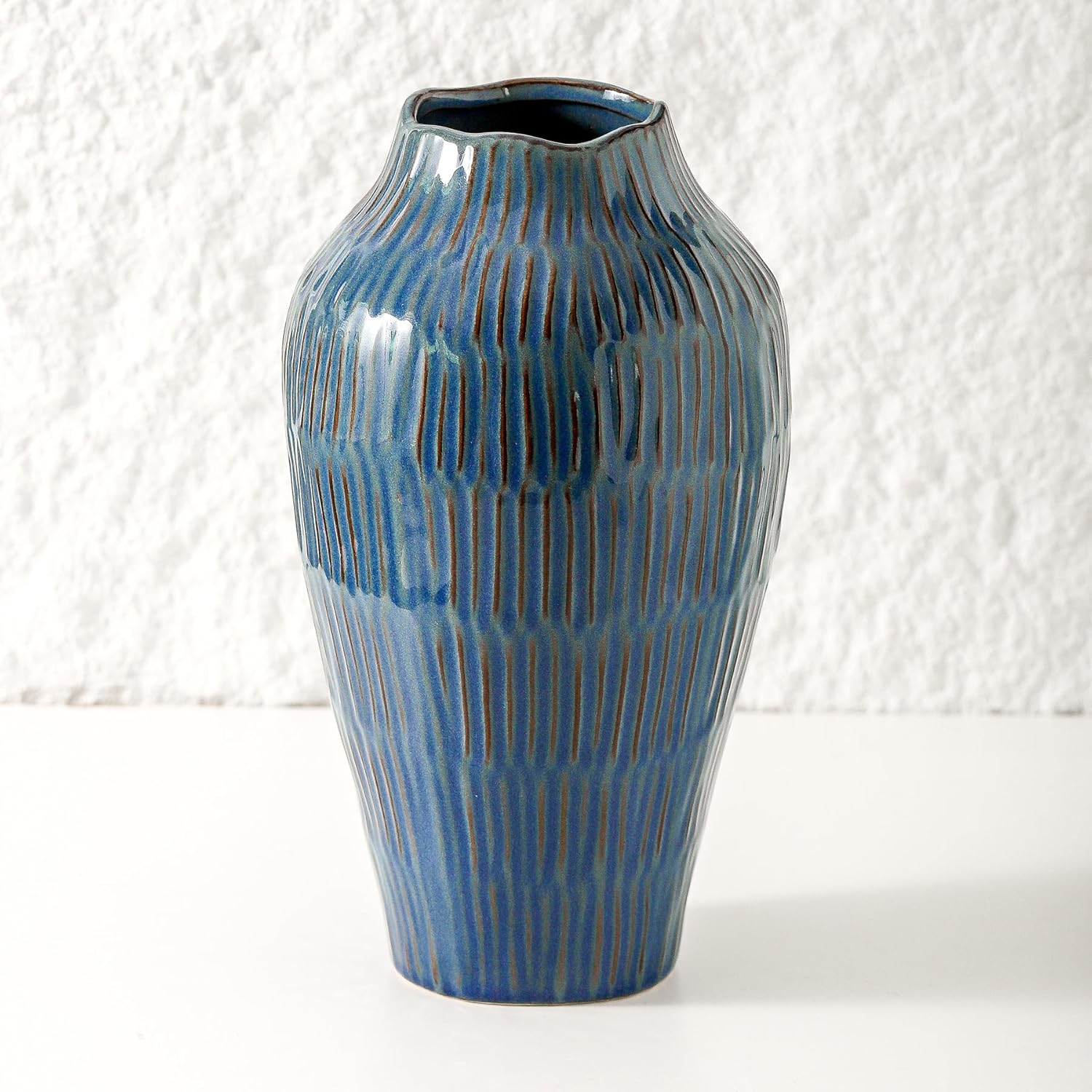 Blue Ceramic Vase for Home Decor,11.6 Inch Flower Vase,Decorative Vases for Pampas Grass,Modern Art Texture Vases for Home Entryway Living Room Dining Table Farmhouse Office Decor-Blue