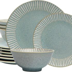12-Piece Reactive Blue Ceramic Dinnerware Set Bali Breeze Blue Elegant Table Setting for Every Occasion - Microwave & Dishwasher Safe Stackable