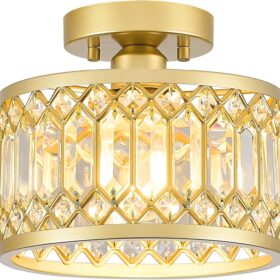 Crystal Ceiling Light Fixture, Modern Semi Flush Mount Ceiling Light, Gold Lighting Fixtures Ceiling Lamp for Hallway, Kitchen, Entryway, Bedroom, Laundry Room, 9.05 Inch