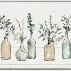 Bottles and Plants Farm Wood Textured, Design by  Wall Art, 11 x 14, Multi-Color for Living Room, Grey Framed