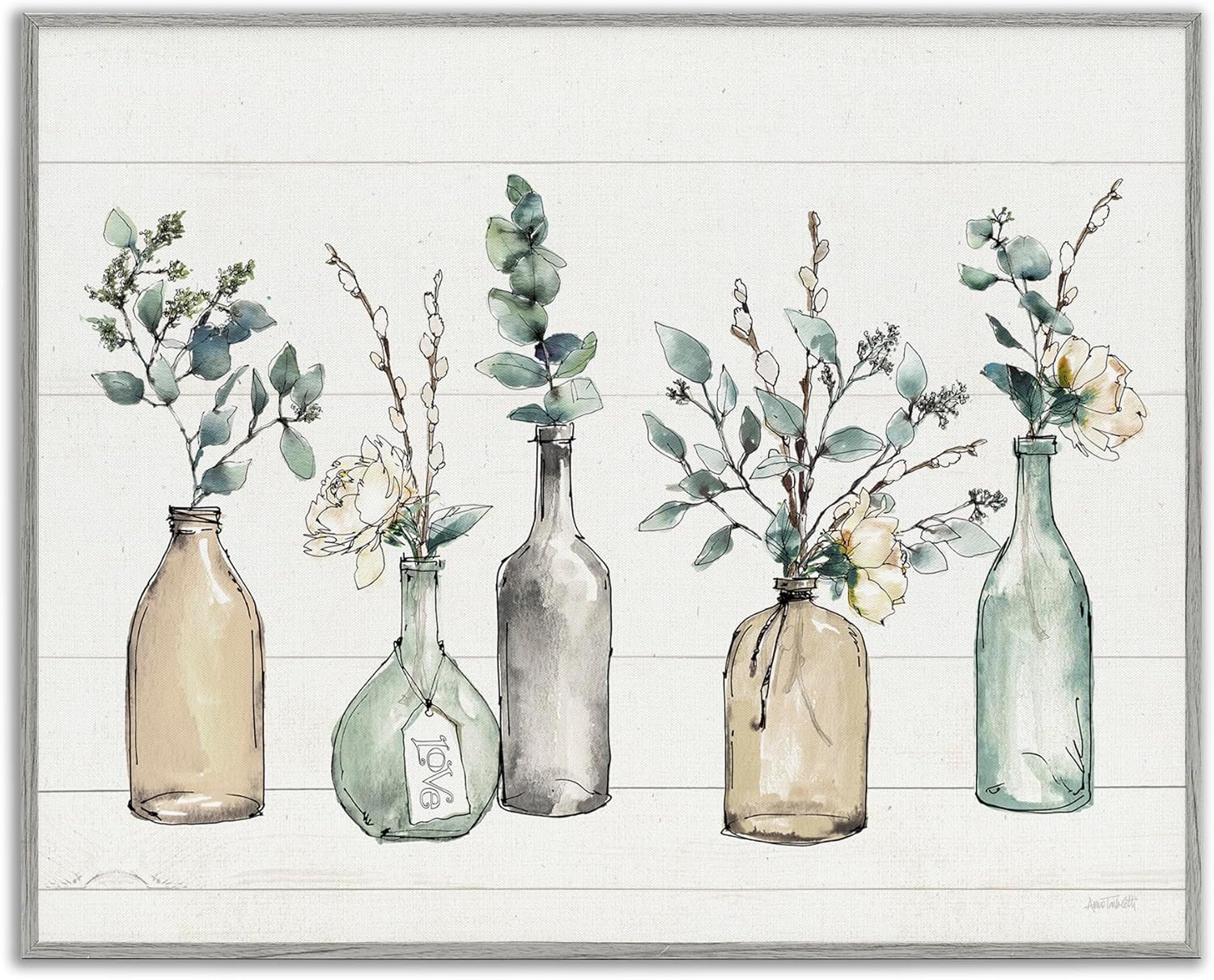 Bottles and Plants Farm Wood Textured, Design by Wall Art, 11 x 14, Multi-Color for Living Room, Grey Framed
