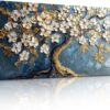 Tree of Life Large Canvas Wall Art, Abstract Gold Tree Modern Office Decorations, Nature White Floral Artwork for Walls, Navy Blue Pictures Wall Decor Living Room Bedroom Art Prints 20"X40"