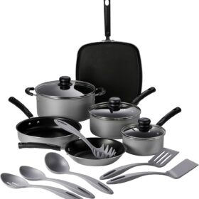 15-Piece Non Stick Cookware Set with Lids and Utensils, Aluminum Nonstick Pots and Pans Kitchen Set (Silver)