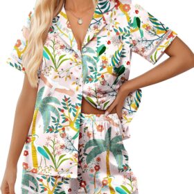 Women Silk Pajama Sets Button Up Satin Pjs Short Sleeve 2 Piece Cute Loungewear Notch Collar with Chest Pocket