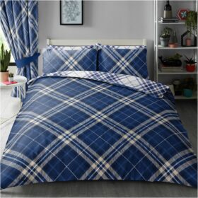 Super Soft Tartan Duvet Cover with Fitted Sheet Set Reversible 4 Piece Bedding Set King Full Bedding Set Blue