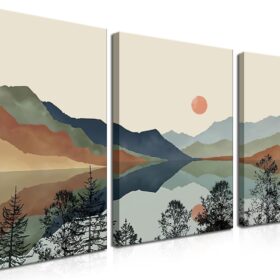 Framed Mountain Canvas Wall Art Set of 3, Boho Watercolor Poster Prints Painting, Sun Forest Abstract Nature Landscape Artwork Wall Decor for Living Room, Bedroom, Office 12x16 In