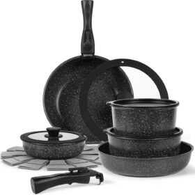 15 Pcs Premium Nonstick Cookware Set_Marble Coated Interior & Exterior_Outperforms Granite_Removable Handle, RV Space Saving_Frying Pans, Saucepans_Induction & Oven Safe_PFOA Free, Healthy Cooking