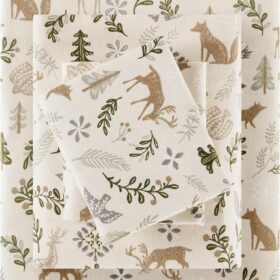 100% Flannel Sheets Full Size, Cozy Flannel Sheet Set Brushed for Extra Softness, Heavyweight Novelty Print Warm Flannel Bedding Set, Tan Woodland Winter 4 Piece