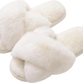 Women's Fuzzy Slippers Cross Band Memory Foam House Slippers Open Toe