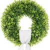 20 Inch Artificial Boxwood Wreaths for Front Door, Summer Door Wreath with Sash, Spring Green Wreath Weatherproof for Wall Window Porch Farmhouse Wedding Decor All Year Round Indoor Outdoor