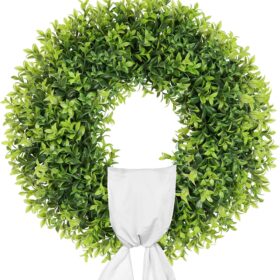 20 Inch Artificial Boxwood Wreaths for Front Door, Summer Door Wreath with Sash, Spring Green Wreath Weatherproof for Wall Window Porch Farmhouse Wedding Decor All Year Round Indoor Outdoor