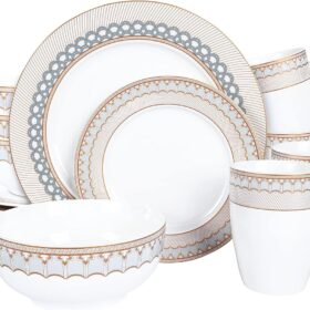 16-Piece Porcelain Kitchen Dinnerware with Mug, Service for 4, Grey Fish Scale Pattern Plates, Bowls, Brown Dinner Set