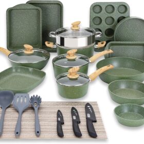 Pots and Pans Set Nonstick, 30 Pieces Induction Kitchen Cookware Set, Green Granite Coating Cooking Pans Set