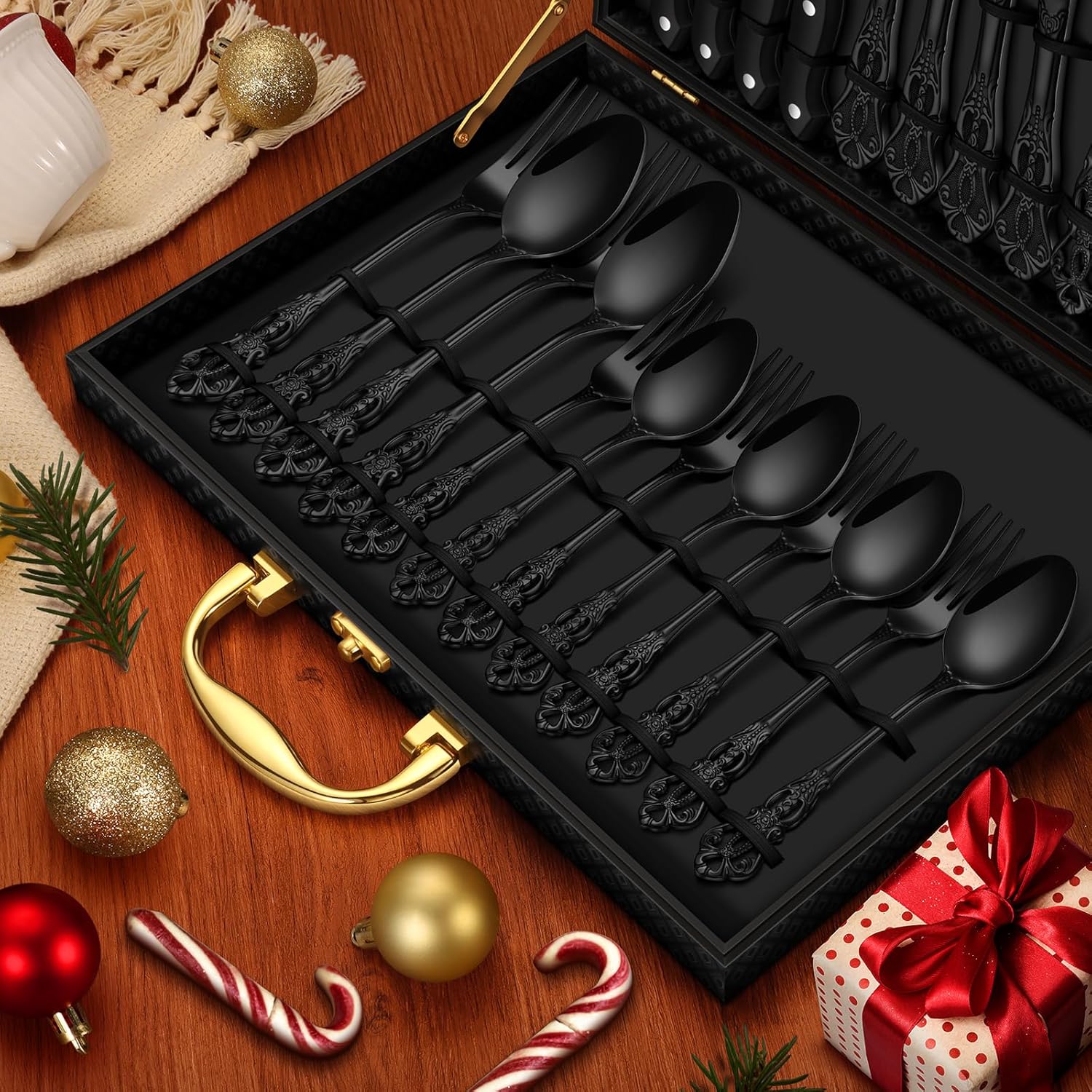 24 Pcs Black Silverware Set with Gift Box, Gorgeous Retro Royal Silverware Set for 4, Stainless Steel Mirror Flatware Cutlery Set for Home Party Wedding, Dishwasher Safe Utensils Set - Image 2