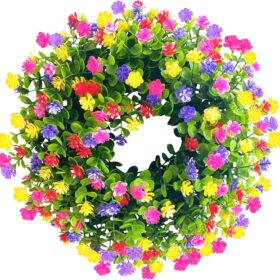 Door Wreath All Year Round, Colourful Artificial Flowers Wreath, Artificial Eucalyptus Wreath for Farmhouse, Garden, Wall, Living Room, Hallway, Wedding, Front Door Decoration (Without Cut, 38 cm)