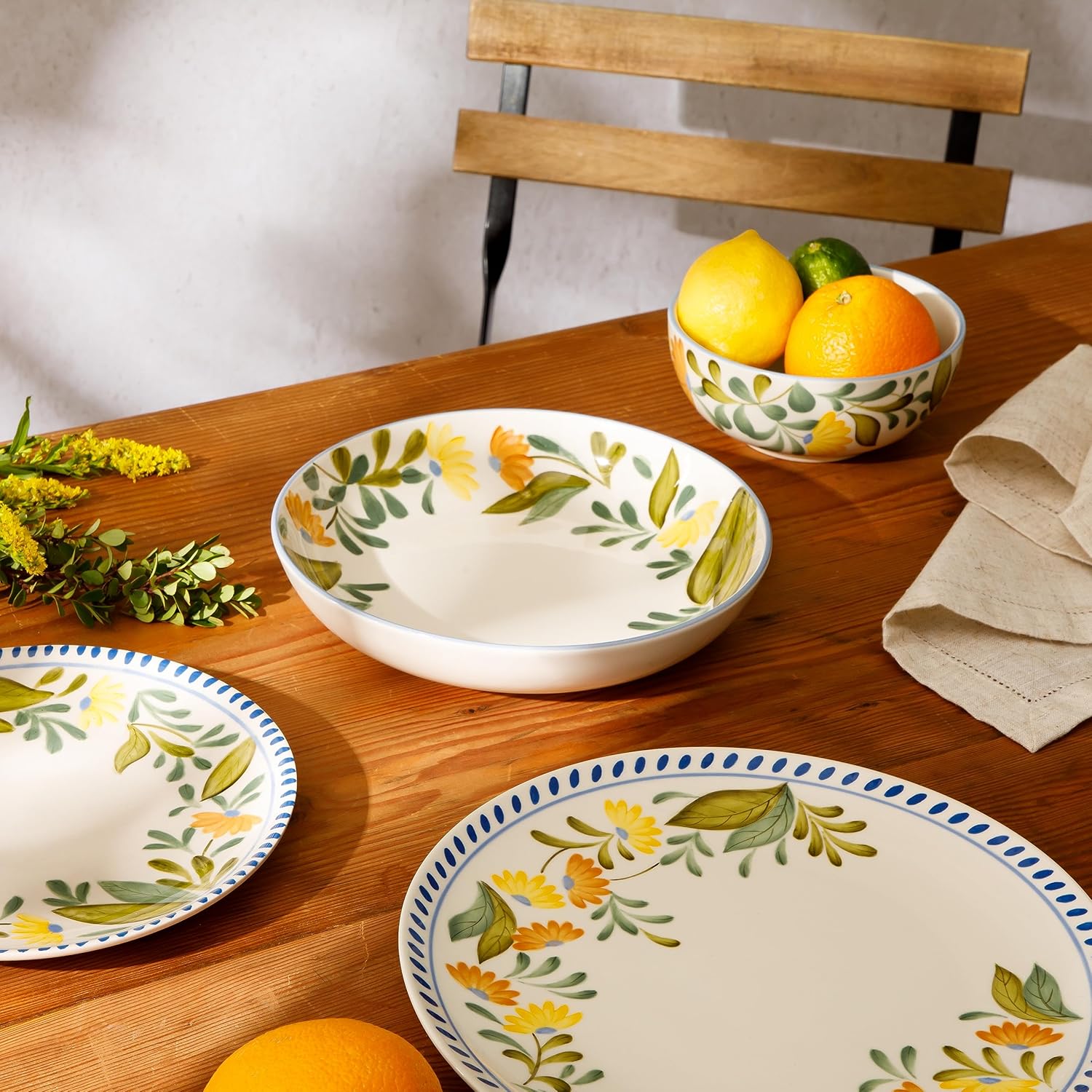 Double Bowl Hand Painted Stoneware Plates and Bowls Floral Dinnerware Set, Service for Four (16pcs) - Image 2